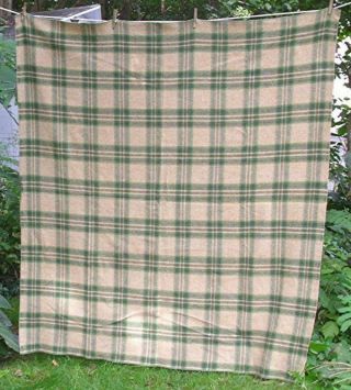 Vtg Wool Plaid Camp Blanket Green Beige Brown Reversible 61 " X 65 "