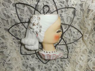 Vintage Girl Wall Pocket W/lashes Pink Head Vase Teenager Wire Frame/stand
