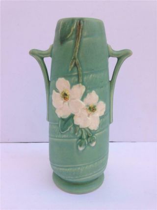 Vintage Weller Art Pottery Matte Green With White Dogwood Flowers 7 - 3/4 " Vase
