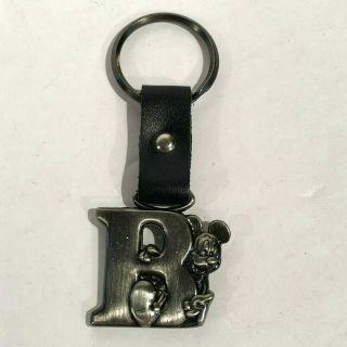 Vintage Disney Mickey Mouse Letter B Brass Tone Leather Name Key Ring Key Chain