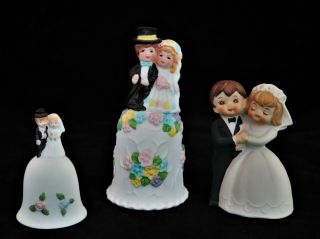 3 Vintage Boy & Girl Bride & Groom Porcelain Bisque Wedding Bells Cake Toppers