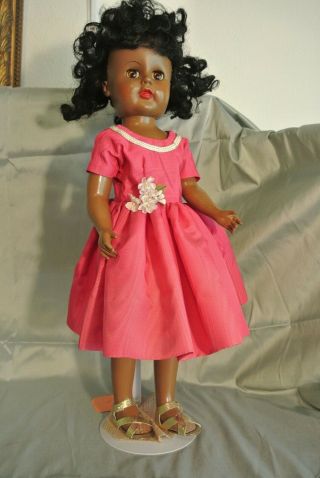Rare Vintage 1950s African American 18 Inch Doll With Dress,  Shoes Stand