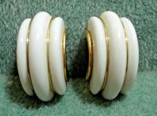 Vintage Signed Monet Comfort Clip White Lucite Half Moon Earrings Gold Plated