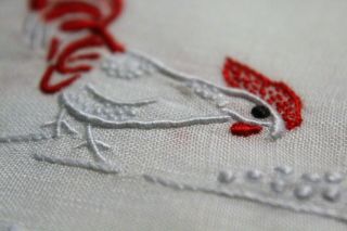 Vtg Antique Lace Linen Madeira Hand Embroidered Rooster Cocktail Napkins Set 8