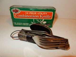 Vintage Boy Scout Camping Hunting Army Knife Fork Spoon Corkscrew Wfs