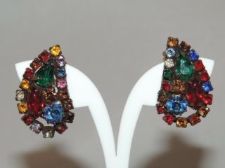Vintage Weiss Multi - Color Glass Rhinestone Clip Earrings 5c 24