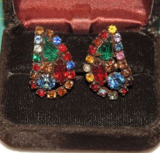 Vintage WEISS Multi - color Glass Rhinestone Clip Earrings 5c 24 2