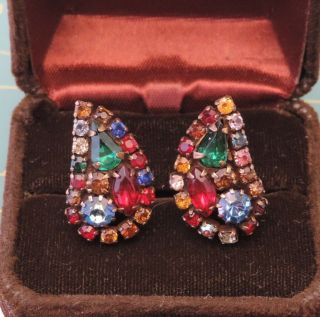 Vintage WEISS Multi - color Glass Rhinestone Clip Earrings 5c 24 5