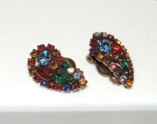 Vintage WEISS Multi - color Glass Rhinestone Clip Earrings 5c 24 7