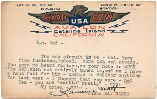 Vintage Ham Radio Qsl Cards 1925 6xad - 6zw Catalina Island,  Ca