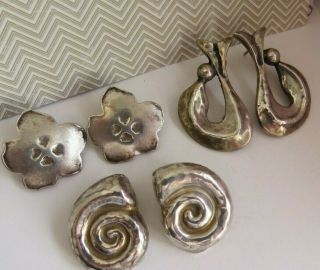 Three Pairs Vintage 80s/90s Sterling Silver Clip - On Earrings 42 Grams