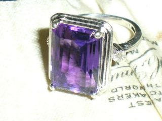 Vintage Large Emerald Cut Amethyst Accent Diamond 925 Silver Ring Size J And 1/2