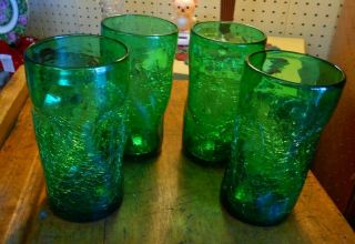 Vintage Blenko Green Crackle Glass Pinch Drinking Glasses Set Of 4 Euc