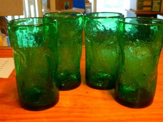 VINTAGE BLENKO GREEN CRACKLE GLASS PINCH DRINKING GLASSES SET OF 4 euc 2