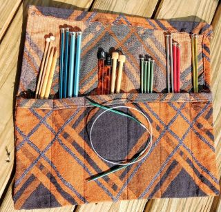 Vintage Handmade Knitting Needle Storage Case & Needles Set