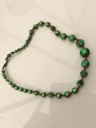 Lovely Vintage Venetian Murano Glass Millefiori Necklace Beads Deco Green/bronze