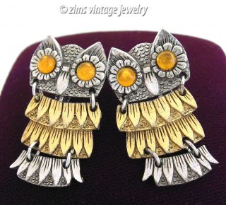 Vintage Park Lane Silver Amber Gold Owl Bird Articulated Dangle Earrings Clip