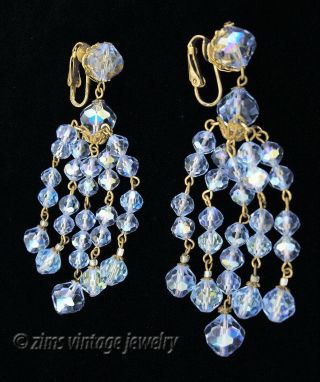 Vintage 1950’s Long Light Blue Ab Crystal Gold Chandelier Dangle Earrings Clip