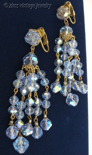 Vintage 1950’s Long light BLUE ab Crystal gold Chandelier dangle EARRINGS clip 2