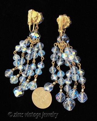 Vintage 1950’s Long light BLUE ab Crystal gold Chandelier dangle EARRINGS clip 3