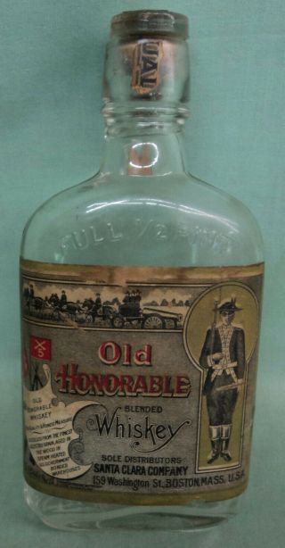 Vintage Old Honorable ½ Pt.  Blended Whiskey Bottle Santa Clara Co.  Boston,  Mass.