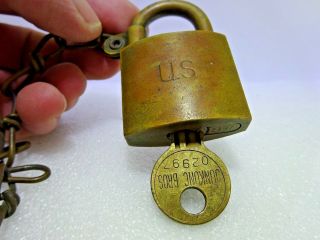 Vintage American U.  S Military Brass Padlock With Chain And 1 Key No 2997