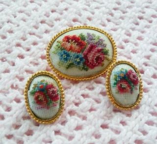 Vintage Floral Roses Petit Point Needlepoint Brooch Clip Earring Set