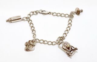 A Heavy Vintage Sterling Silver 925 " Baby " Childs 4 Charm Bracelet 12274c