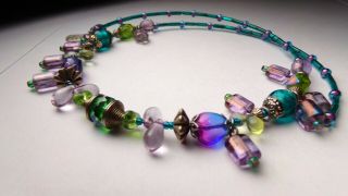 Vtg Treska Ultra Marine Purple Amethyst Green Art Glass Bead Choker Necklace 19 "