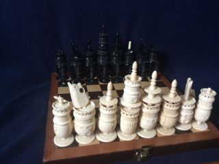 Rare Vintage Hand Carved Cow Bone Pulpit Style Chess Set