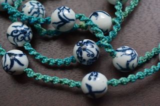 Vintage Chinese Blue & White Hand Painted Porcelain Bead Braided Necklace