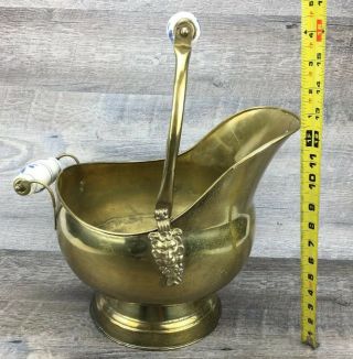Vtg Large 12” Solid Brass Coal Bucket W/ Porcelain Handles Lion Head Planter Old