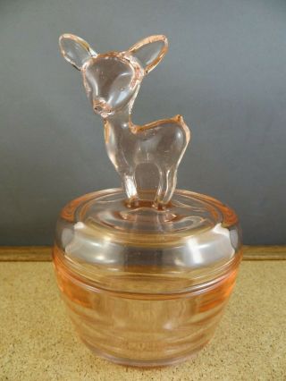 Vintage Jeanette Pink Depression Glass Deer Fawn Lid Covered Candy Dish Jar