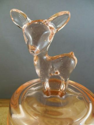 Vintage Jeanette Pink Depression Glass Deer Fawn Lid Covered Candy Dish Jar 2