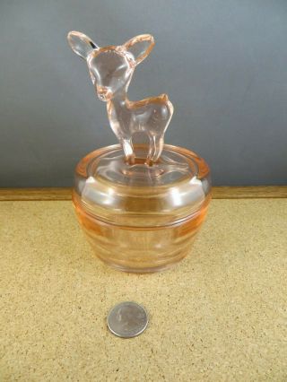 Vintage Jeanette Pink Depression Glass Deer Fawn Lid Covered Candy Dish Jar 3