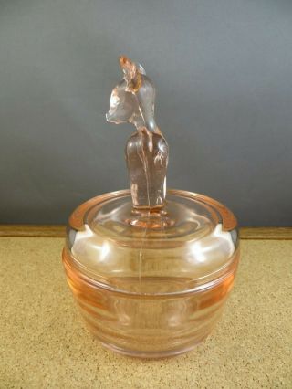 Vintage Jeanette Pink Depression Glass Deer Fawn Lid Covered Candy Dish Jar 4