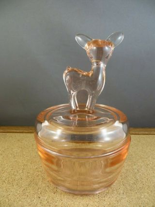 Vintage Jeanette Pink Depression Glass Deer Fawn Lid Covered Candy Dish Jar 5
