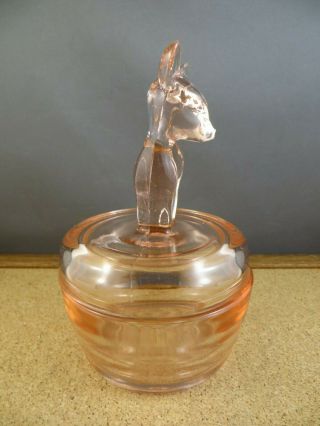 Vintage Jeanette Pink Depression Glass Deer Fawn Lid Covered Candy Dish Jar 6