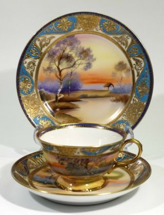 Early Vintage Noritake Landscape Painted China Trio.