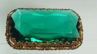 Vintage Signed Western Germany Gold - Tone Faceted Green Glass Brooch