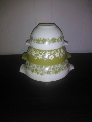 Vintage Pyrex Spring Blossom Green Crazy Daisy Cinderella Mixing Bowls Set Of 3