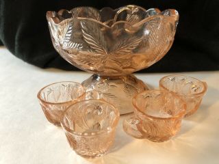 Vintage Pink Depression Miniature Child’s Punch Bowl Set With 4 Cups.