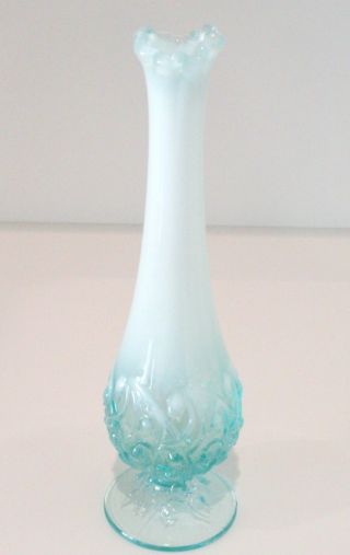Vintage Fenton Teal Blue Opalescent Lily Of The Valley Vase Art Glass 10 "
