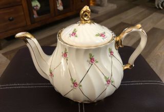 Vintage 4 Cup Sadler England Teapot Set Pink Roses Gold & Sugar Creamer