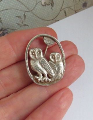 Vintage Sterling Silver Barn Owls Brooch