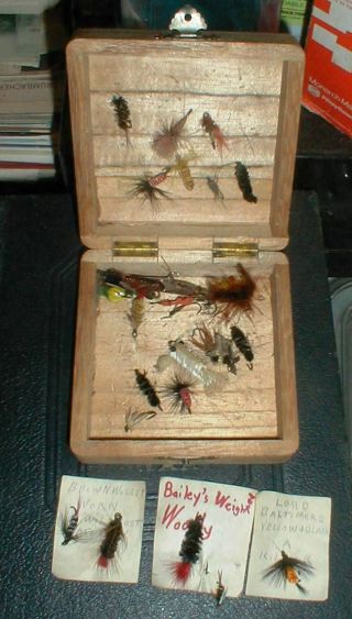 Vintage Wooden Box Of 25 Hand Made Tied Fly Fishing Lures