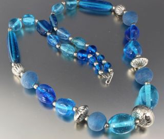 Vintage 60’s Silver Tone & Blue Glass Bead Necklace
