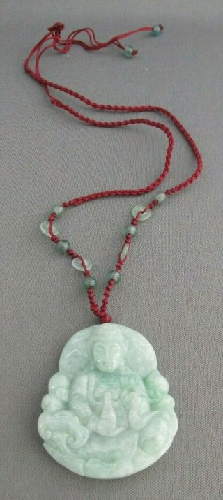 Vintage Hand Knotted Asian Chunky Jade Sitting Buddah Pull String Necklace