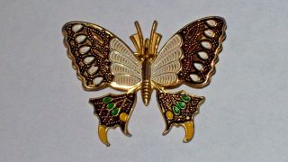 Pretty Vintage Spain Damascene Enamel Butterfly Pin W/orange Black Cream Enamel