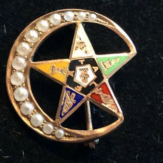Vintage Masonic Order Of The Eastern Star 10k Crescent Moon Pin With Seed Pearls
